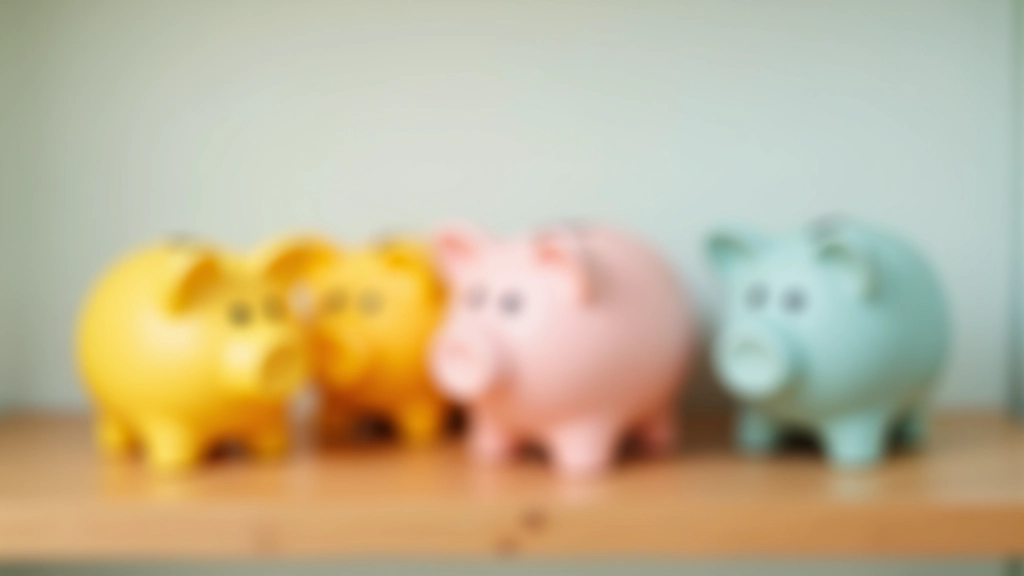 Plusieurs tirelires en forme d'animaux colorés rangées sur une étagère, mise en scène pédagogique