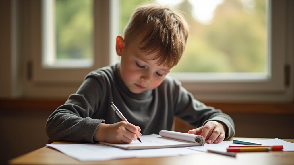 Enfant écrivant dans un carnet ses objectifs d'épargne avec des images découpées de revues