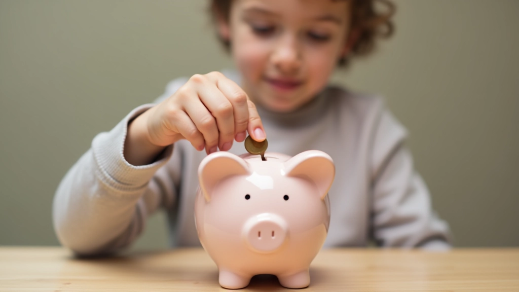 Enfant plaçant des pièces dans une tirelire en céramique colorée, gros plan sur ses mains