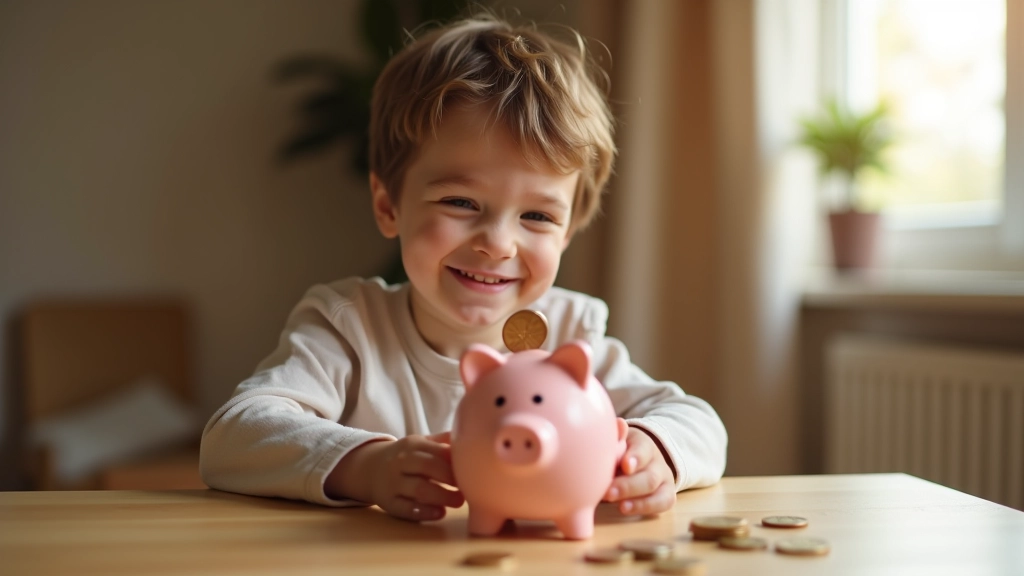 Enfant plaçant une pièce de monnaie dans une tirelire colorée, sourire d'accomplissement, table de chambre avec autres pièces