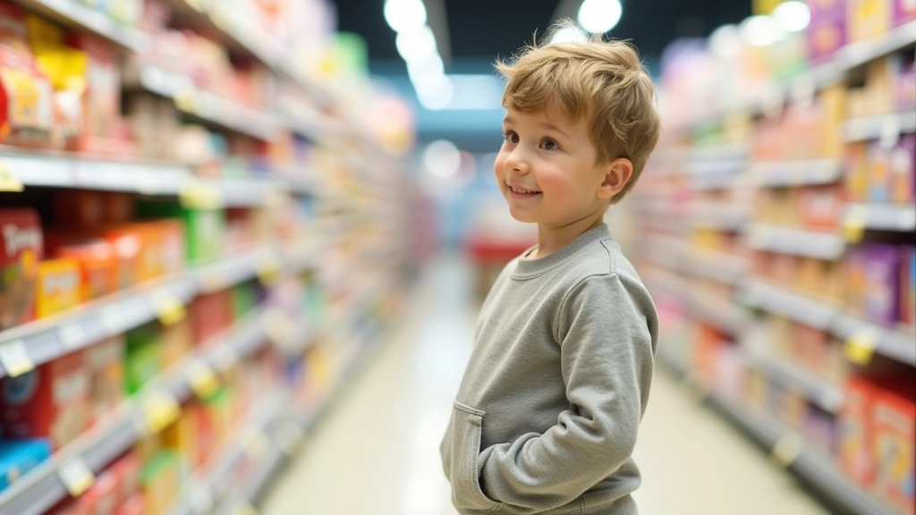 Enfant regardant avec envie un rayon de jouets et bonbons au supermarché