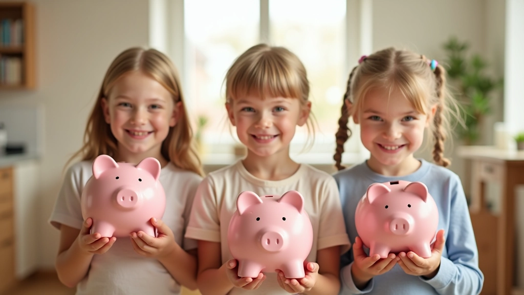 Trois enfants d'âges différents avec leurs tirelires et sacs de courses, à différentes étapes d'apprentissage financier