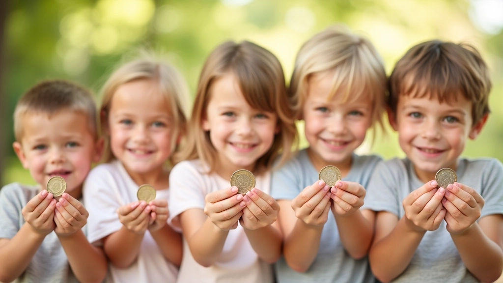 Progression d'enfants de différents âges tenant différentes quantités de pièces, du plus jeune au plus âgé, en ligne, lumière naturelle