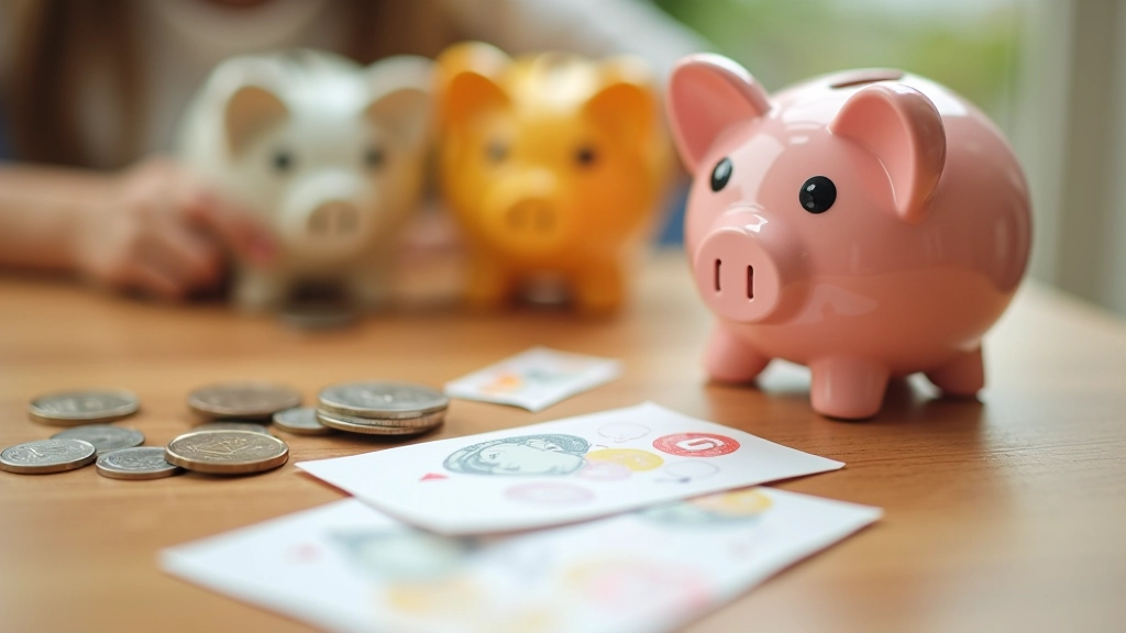 Tirelires colorées et enveloppes pour l'épargne enfant avec pièces de monnaie