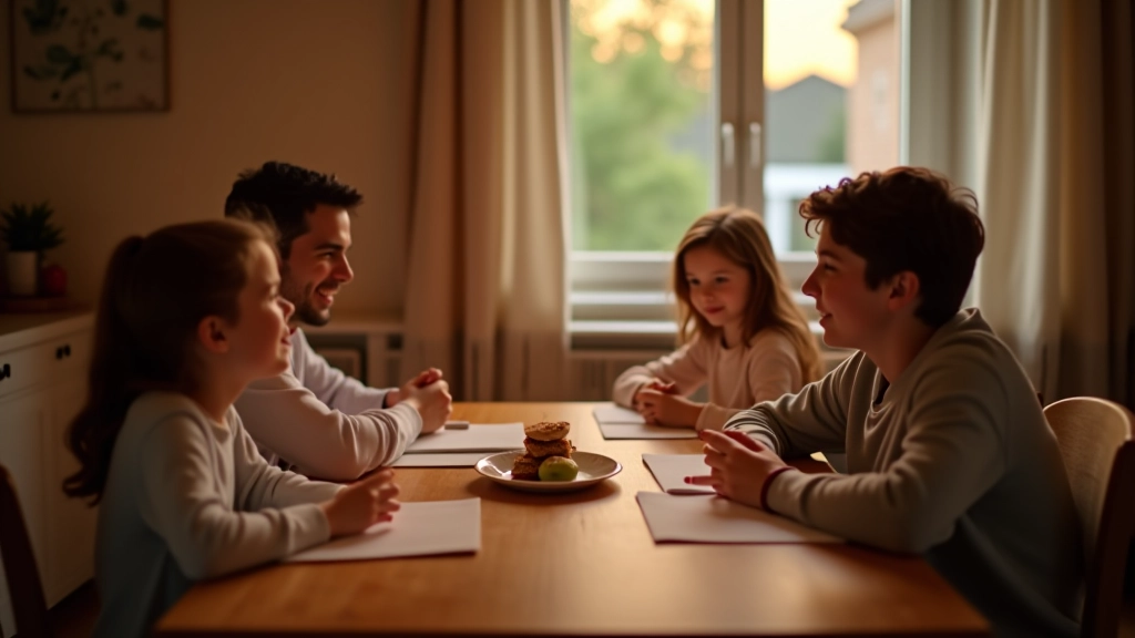 Famille discutant de finances autour de la table du dîner, lumière chaleureuse et ambiance accueillante