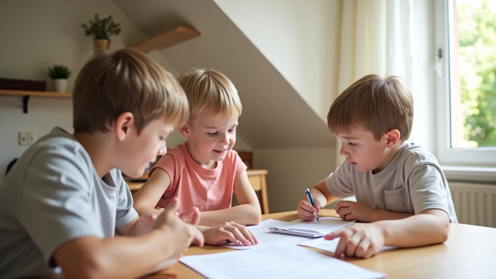 Famille autour d'une table, discutant de budget et d'épargne avec calme et positivité, documents et calculatrice à proximité