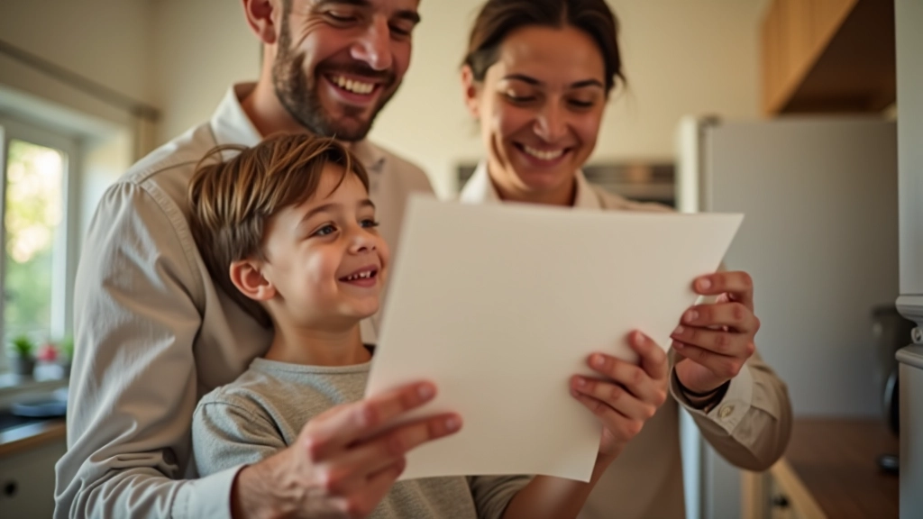 Père et fils devant un frigo avec un papier épinglé montrant les règles, souriant, cuisine lumineuse et accueillante