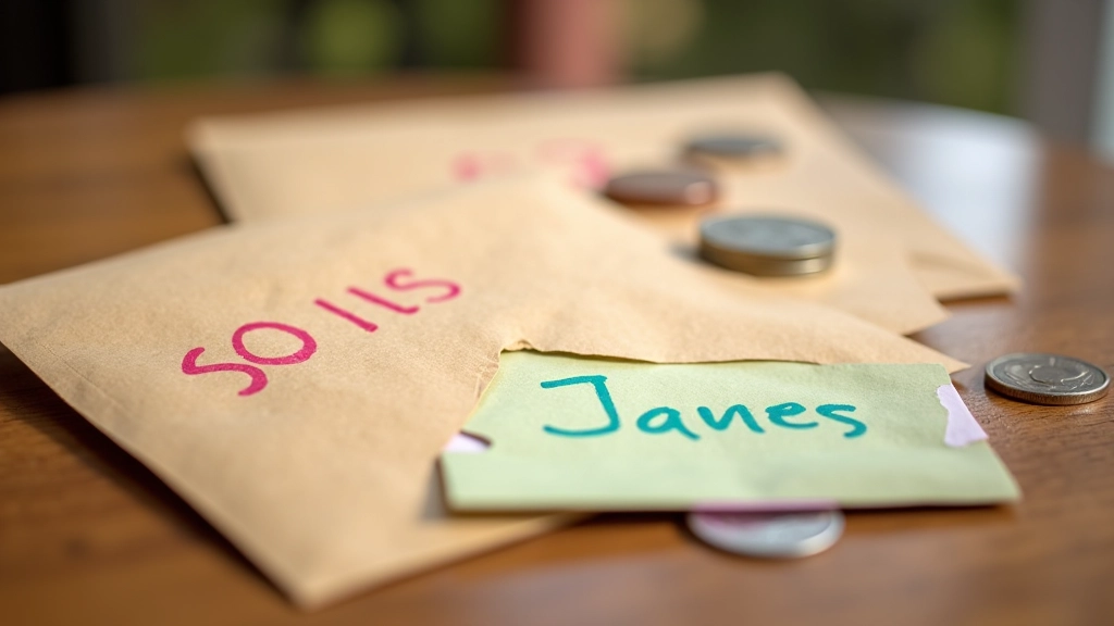 Trois enveloppes kraft avec étiquettes colorées écrites à la main, contenant des billets et pièces