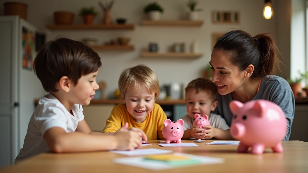 Famille française discutant de l'argent de poche avec tirelires et enveloppes colorées