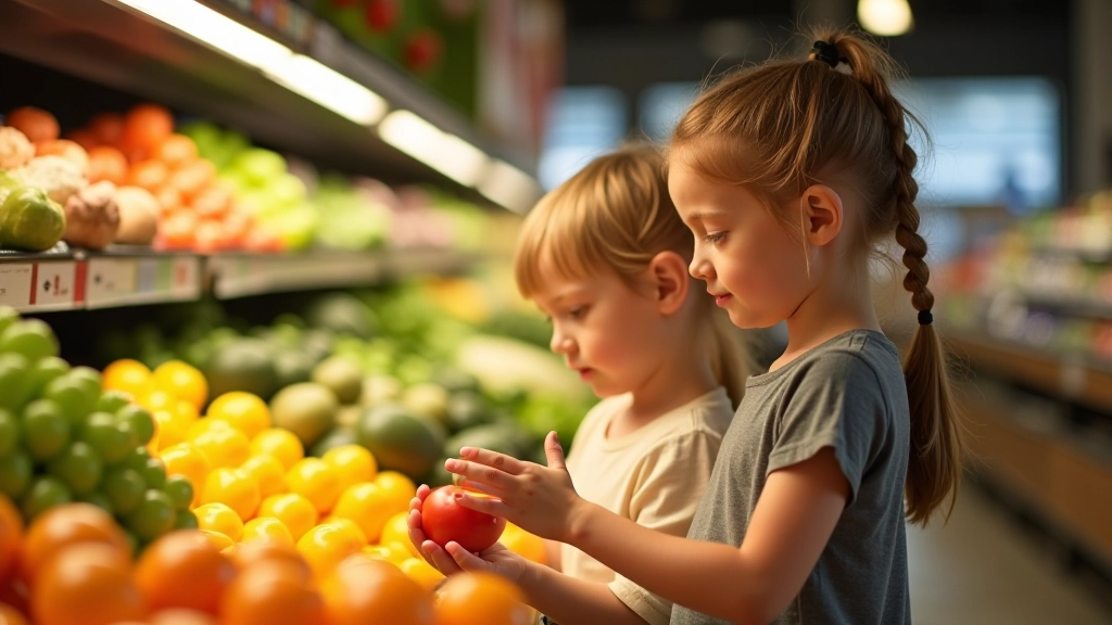 Parent et enfant triant les articles essentiels dans le panier de courses, rayon fruits et légumes