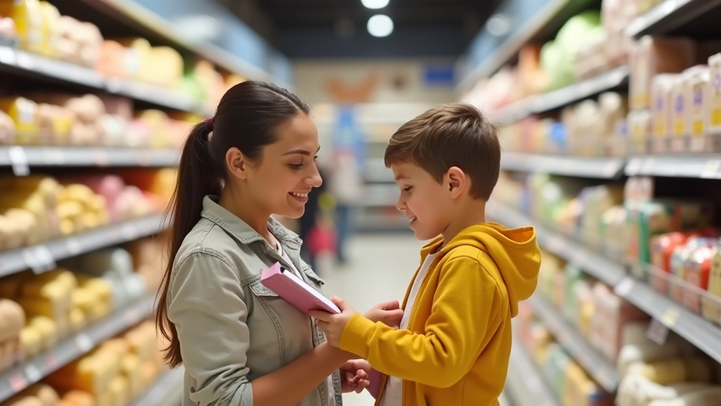 Mère et enfant discutant devant des rayons de supermarché, regardant une liste de courses ensemble