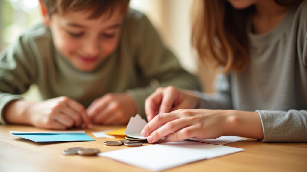 Parent et enfant assis à une table, en train de remplir ensemble des enveloppes d'épargne colorées, sourires