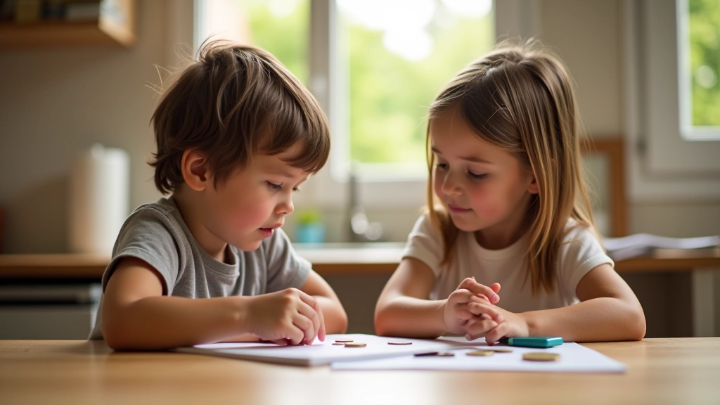 Parent et enfant discutant autour d'une table avec des pièces et un carnet, lumière naturelle chaleureuse
