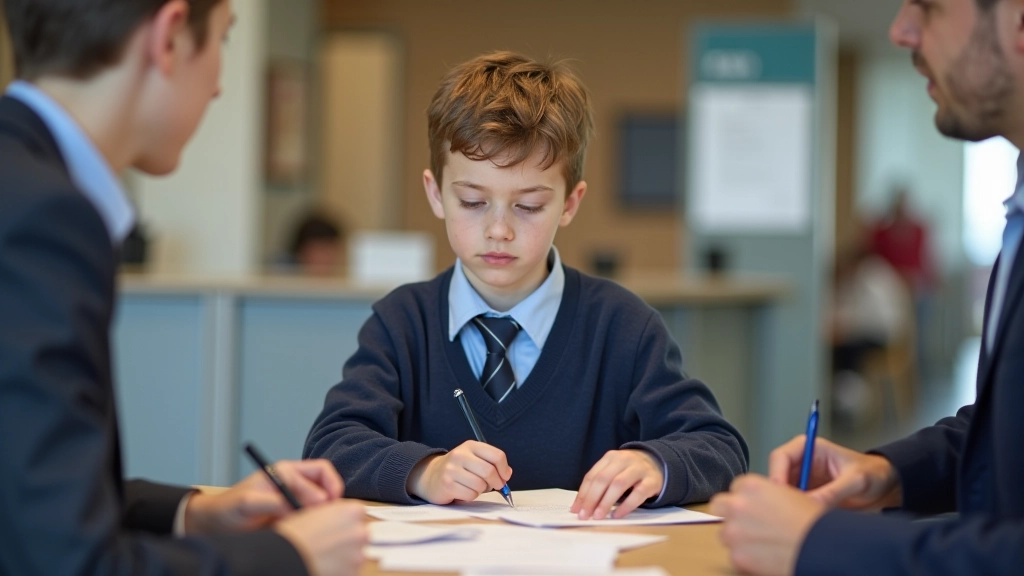 Adolescent à un guichet bancaire avec sa mère, remplissant un formulaire d'ouverture de compte, sourire nerveux mais motivé