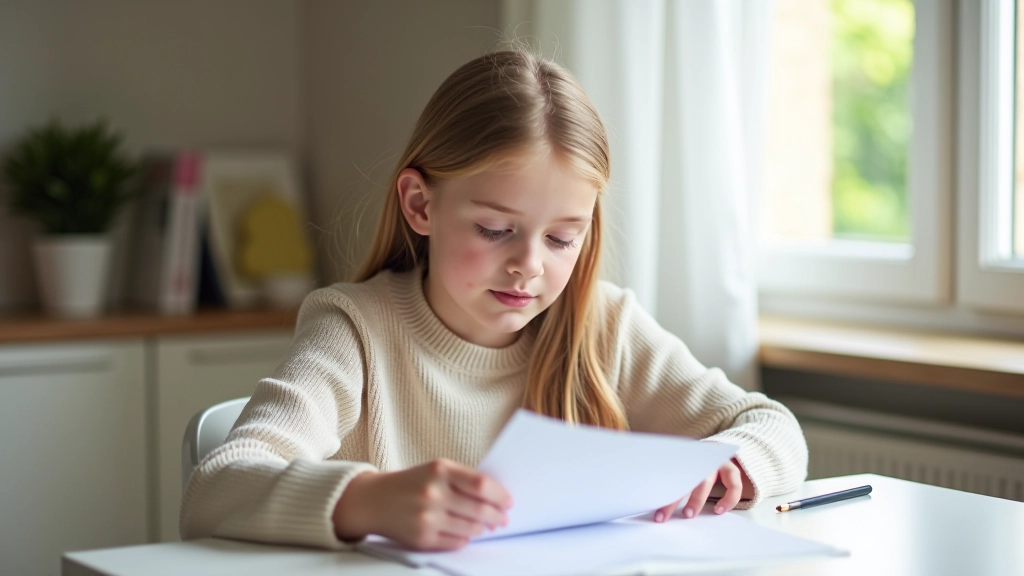 Jeune fille regardant son relevé bancaire Livret Jeune sur un document, sourire confiant, bureau lumineux avec cahier de budget