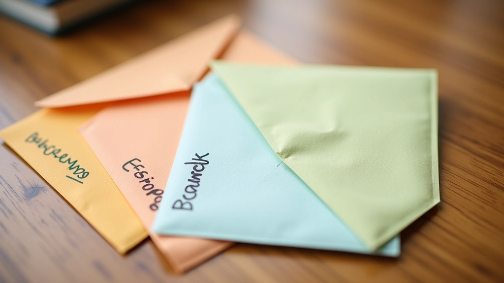 Trois enveloppes colorées avec étiquettes manuscrites pour catégories de dépenses, sur un bureau