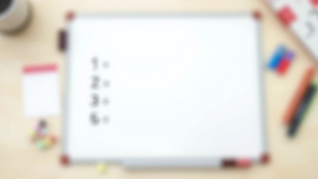 Tableau blanc avec quatre points écrits et des symboles, crayon multicolore à côté, fond clair et organisé