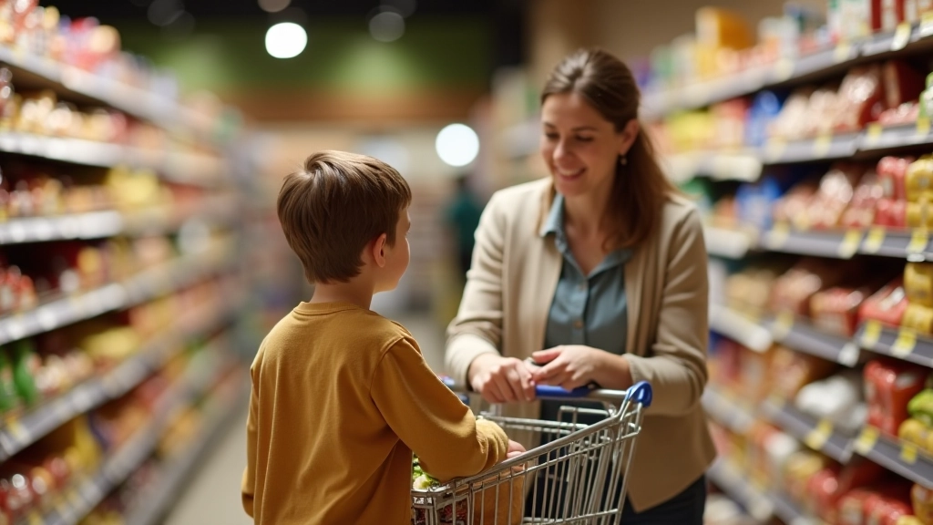 Parent et enfant discutant devant les rayons du supermarché, montrant des articles dans le panier